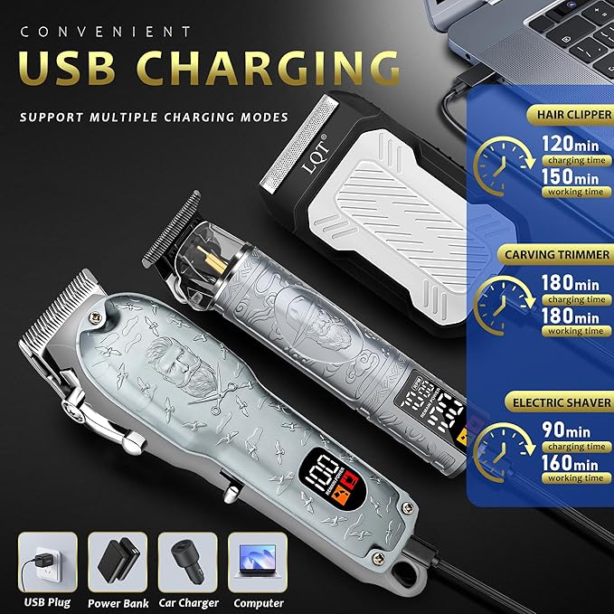 LQT Professional Hair Clippers for Men, Cordless T-Blade Beard Trimmer Kit, LED Display,Long Battery Life, Rechargeable Electric Hair Cutting Machine for Home & Barber, Best Gift for Holidays (Silver)