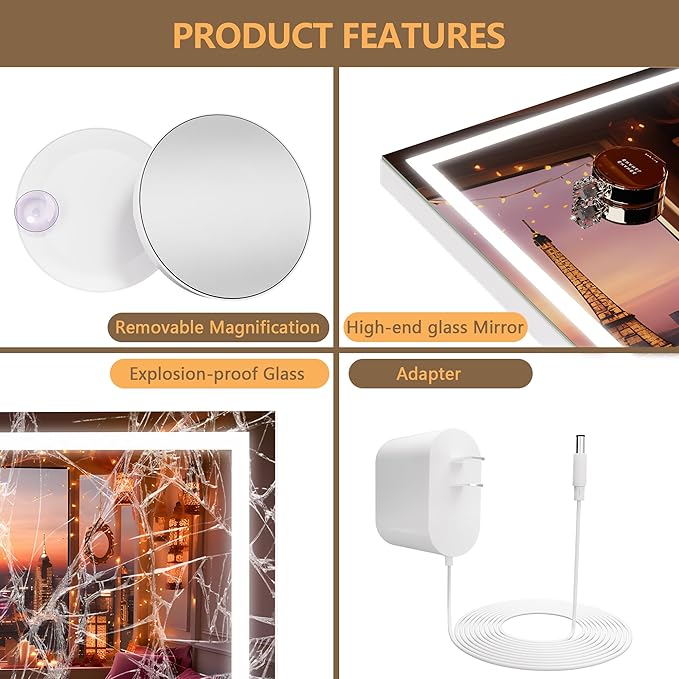 Hasipu Vanity Mirror with Lights, 28" x 20" LED Makeup Mirror, Lighted Makeup Mirror with Dimmable 3 Modes, Touch Screen Control Vanity Mirror Square White