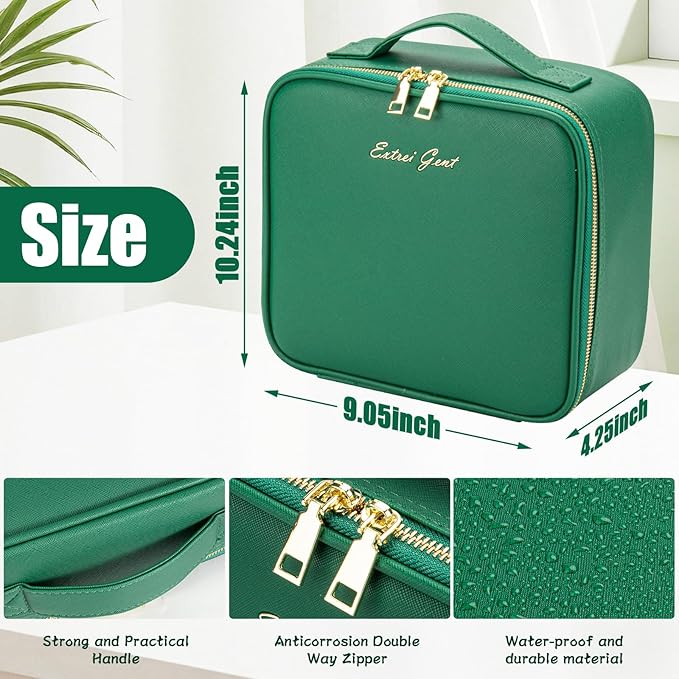 Extrei Gent Makeup Travel Train Case with Mirror LED Light 3 Adjustable Brightness Cosmetic Bag Portable Storage Adjustable Partition Waterproof Makeup Brushes Makeup Jewelry Gift for Women, Green
