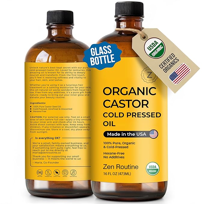 Zen Routine Organic Castor Oil 16oz (2-Pack) Cold Pressed Unrefined Glass Bottles – Aceite de Ricino Hair Growth Oil for Hair, Lashes & Castor Oil Packs – USDA Certified, Made in USA