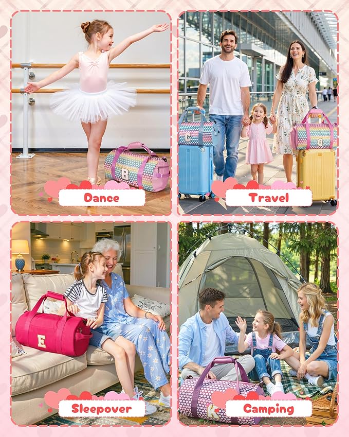 Christmas Gifts for Grandkids, Girls Travel Duffel Bag, Kids Initial Overnight Bags with Shoe Compartment, Personalized Weekender Bag with Makeup Pouch, Gift for 8 Year Old Girl (Letter S)