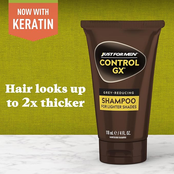 SHAMPOO Just for Men Control GX Grey Reducing for Lighter Shades of Hair, Blonde to Medium Brown, Gradual Hair Color with Keratin, 4 Fl Oz - Pack of 1 (Packaging May Vary)