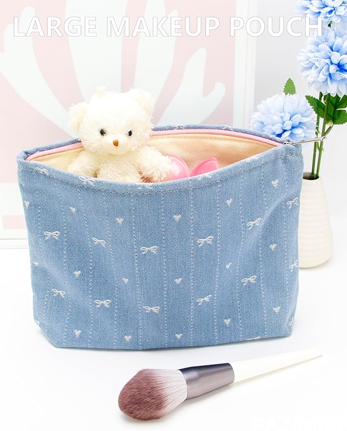 Flat Makeup Bag for Women,Zipper Cosmetic Pouch for Purse,Jean Light