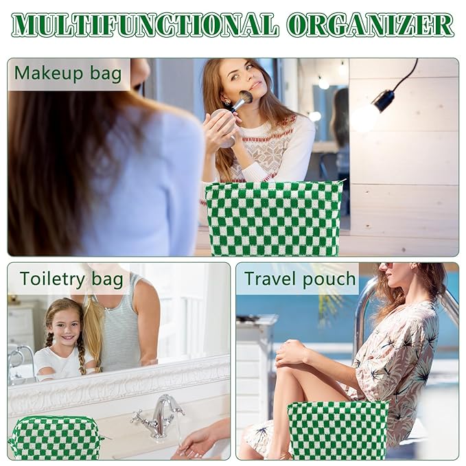 ZLFSRQ 2Pcs Checkered Makeup Bag for Women Large Small Travel Toiletry Bag Organizer Aesthetic Zipper Cosmetic Bags Cute Makeup Pouch for Purse Pencil Case Pencil Pouch Skincare Storage Bags (Green)