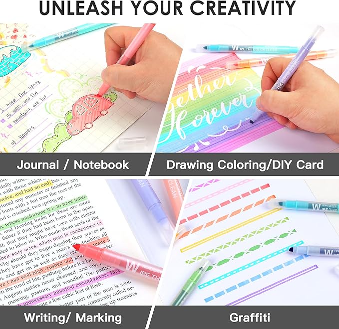 HANKU Erasable Highlighters, 10 Assorted Pastel Colors, Dual Tip Markers