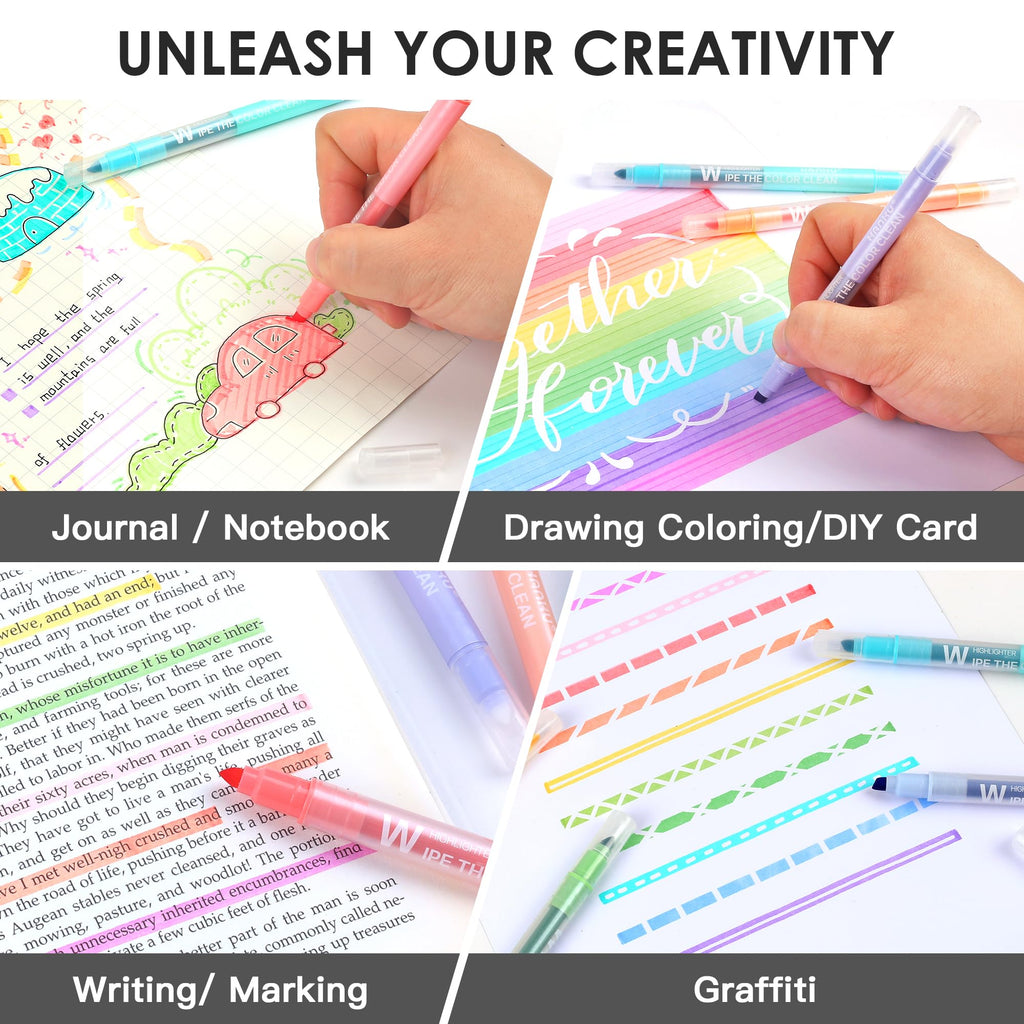 HANKU Erasable Highlighters, 10 Assorted Pastel Colors, Dual Tip Markers