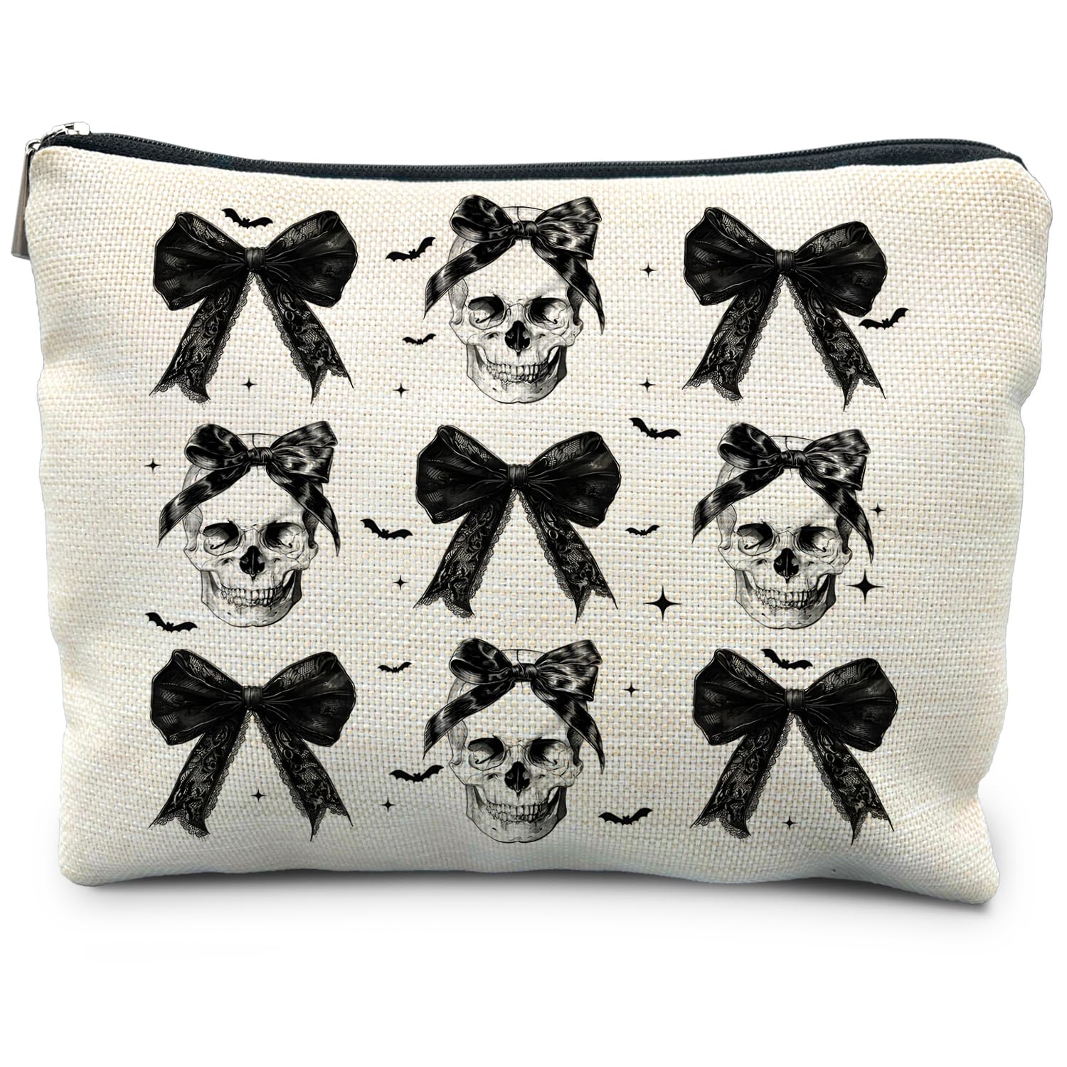 Coquette Gothic Halloween Makeup Bag, Dark Bow Skull Makeup Bag, Spooky Gifts for Women
