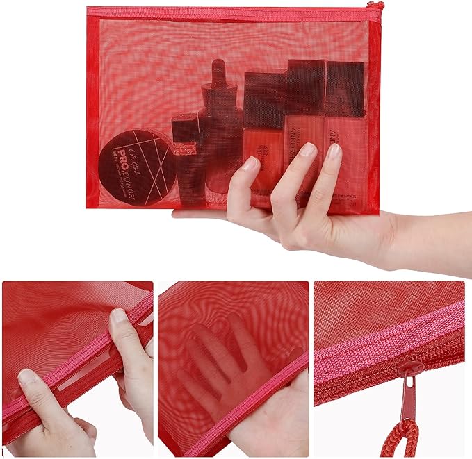 Sinzip 12 Pieces Zipper Nylon Mesh Pouch, Mesh Cosmetic Bags Makeup Bags Pencil Case, Multipurpose Travel Bags for Cosmetic School Office Supplies and Travel Accessories (Red, A5)
