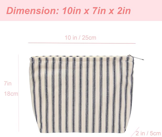 Flat Makeup Bag for Women,Zipper Cosmetic Pouch,Vintage Stripe Navy Blue