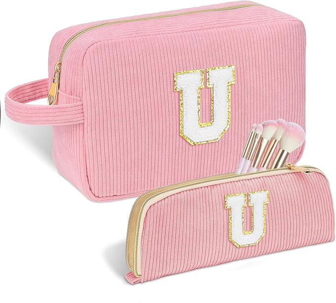 Sernaxi Personalized Initial Makeup Bag Trendy Stuff Corduroy Cosmetic Bag Travel Toiletry Bag, Valentine’s Day Gift Makeup Organizer Case & Makeup Pouch for Women teen Girls Mom Girlfriend Wife