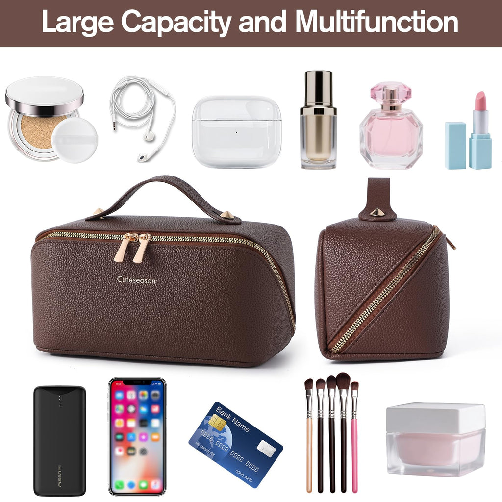 Cuteseason PU Leather Makeup Bag for Women, Structured Makeup Case with Wide Opening, Travel Cosmetic Bag with Compartments and Handle, Water-Resistant Makeup Organizer(Light Brown, Lychee Grain)