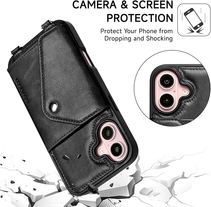 LUCKYCOIN Crossbody Phone Case for iPhone 16,100% Genuine Leather Phone Wallet Case for Women, Fashion Premium Hands-Free Phone Purse with Expandable Flip Card Holder & Adjustable Strap - Retro Black