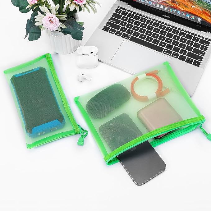 Sinzip 12 Pieces Zipper Nylon Mesh Pouch, Mesh Cosmetic Bags Makeup Bags Pencil Case, Multipurpose Travel Bags for Cosmetic School Office Supplies and Travel Accessories (Green, A5)