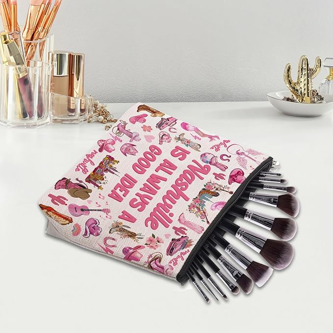 CEASQVAA Nashville Travel Gifts Makeup Bag, Nashville Lover Accessories Souvenirs, Country Music Gifts for Traveller Women Friends, Birthday Bachelorette Party Favors Women Trip Cosmetic Bag Pouch