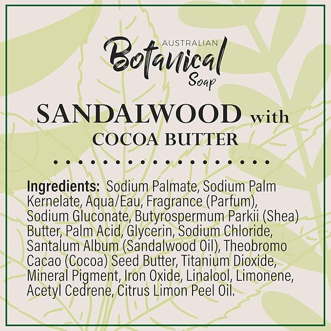 Australian Botanical Soap, Sandalwood and Cocoa Butter, 6.6 OZ, Triple Milled Bars Made with a Natural Soap Base and Enriched with Organic Shea Butter, Pack of 8