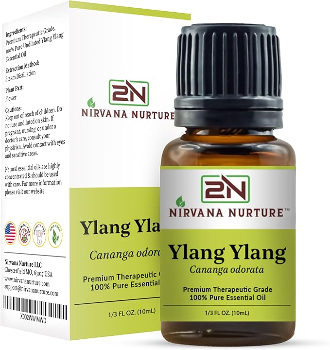 Nirvana Nurture Ylang Ylang Essential Oil, USDA Certified Organic, 100% Pure Undiluted, Aromatherapy Oil for Diffuser, Hair & Skin Care