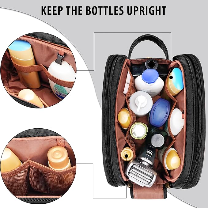 COOSKY Travel Toiletry Bag for Men, Large Hanging Toiletries Organizer Bags for Women, Cruise Ship Essentials, Water-resistant Shaving Case, PU Leather Makeup Accessories, Cosmetic Dopp Kit, Black