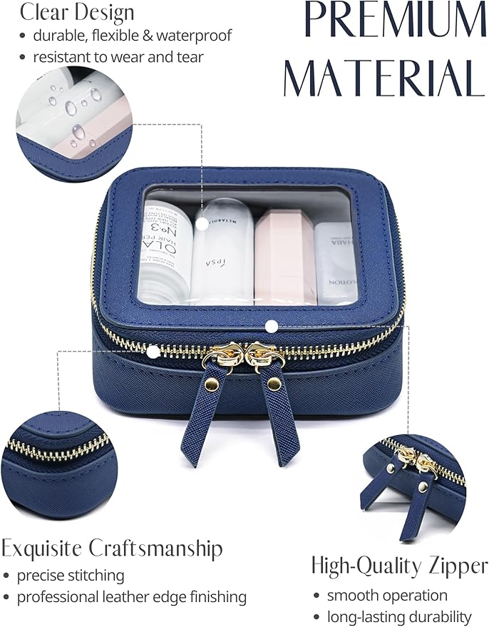 Clear Makeup Bag with Zipper Small Travel Cosmetic Case Navy Blue Mini Pouch for Purse Accessories Car Storgae Essentials Bag Purse Pouch Organizer Compact Small Clear Toiletry Bag for Traveling