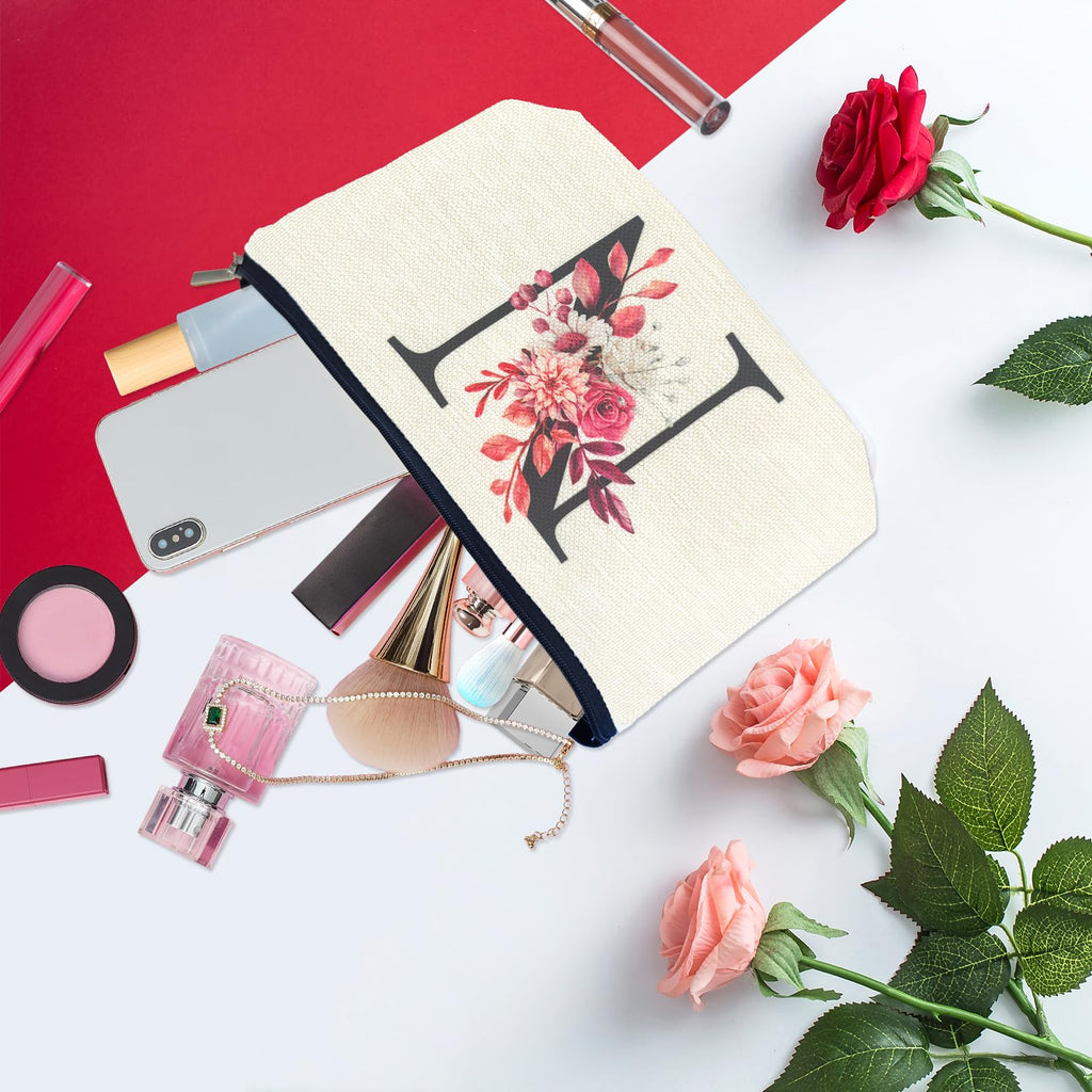 Initial A-Z Personalized Floral Makeup Bag, Monogrammed Birthday Gifts for Women Mom, Mothers Day Christmas Gift Ideas for Best Friend, Bride Bridesmaid, Her, Grandma, Small Travel Cosmetic Bag (N)