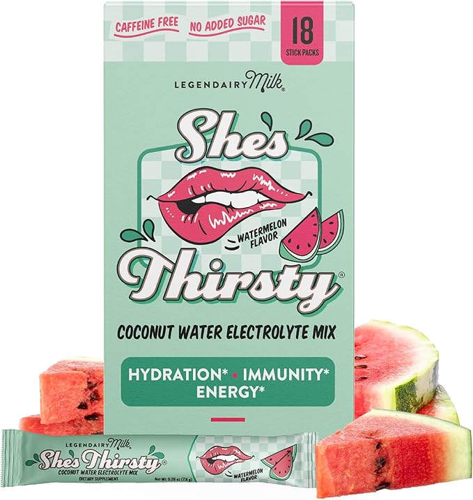 Legendairy Milk She's Thirsty Watermelon, No Sugar Added Electrolytes Powder Packets–Coconut Water Mix for Women, Instant Hydration Packets, Immune Support, Pregnancy Safe, 18 Ct