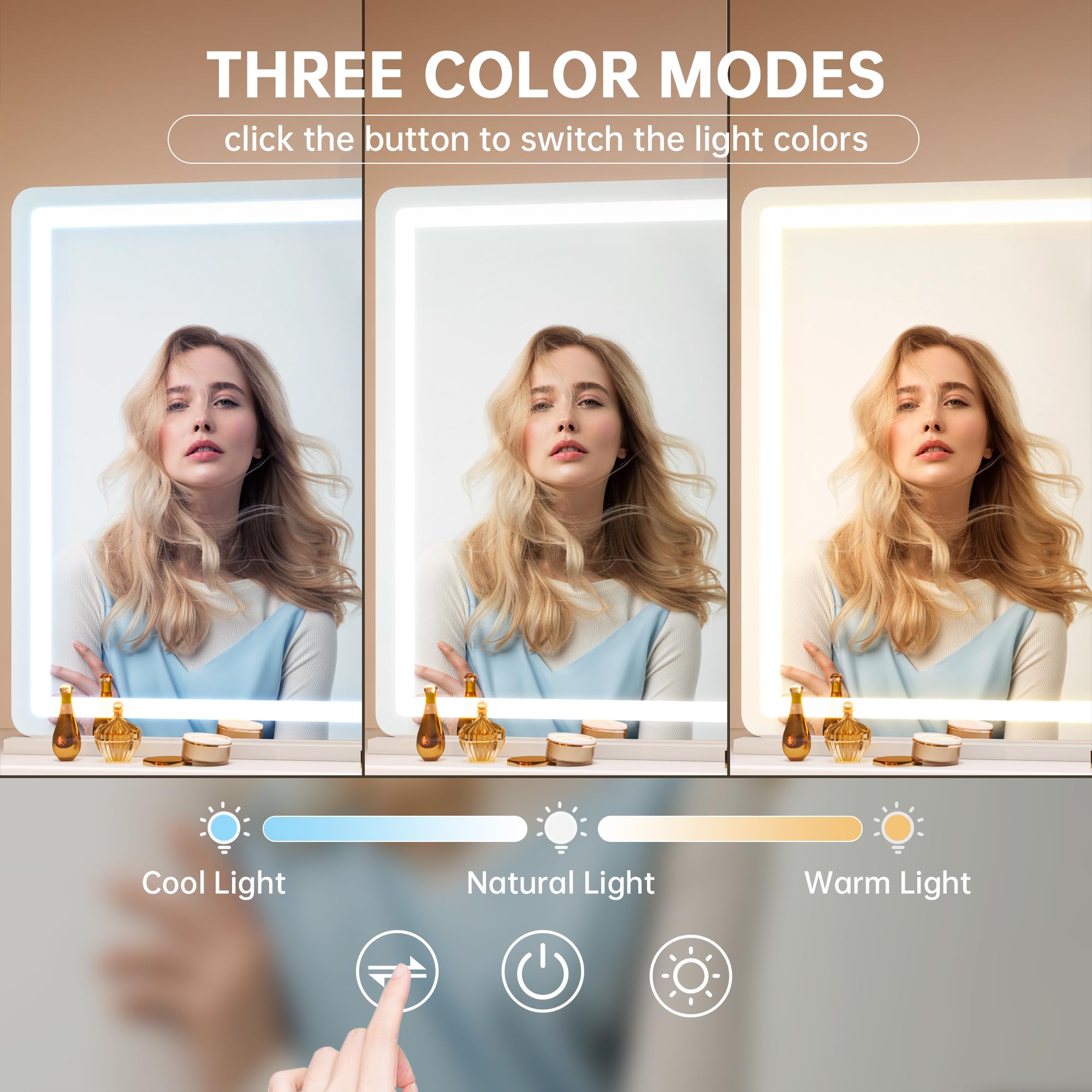 Hasipu Vanity Mirror with Lights, 41.3" x 30" LED Makeup Mirror, Lighted Makeup Mirror with Dimmable 3 Modes, Touch Screen Control Vanity Mirror Round White