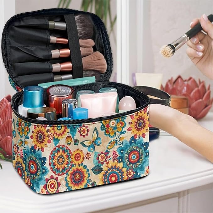 Drydeepin Boho Style Mandala Butterfly Pattern Travel Makeup Bags for Women Portable Tote Cosmetic Case with Carry Handle Toiletry Accessories Storage Organizer Bags