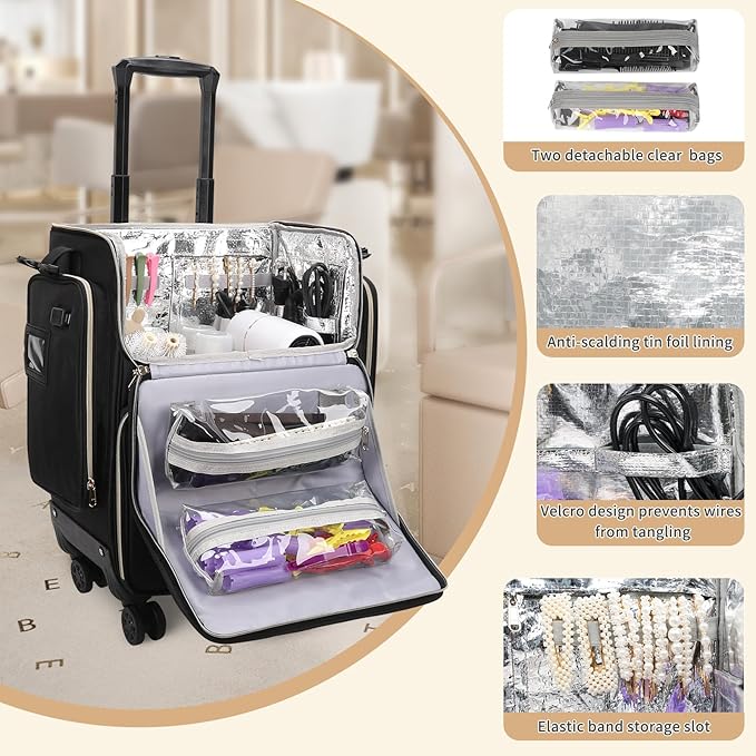 Large Makeup Train Case for Hairstylists & Hairdressers - Cosmetic Organizer with Detachable Pouch, Heat-Insulated & Anti-Scald Full Layer, Hairdressing Tool Storage Trolley with 4 360 Swivel Wheels