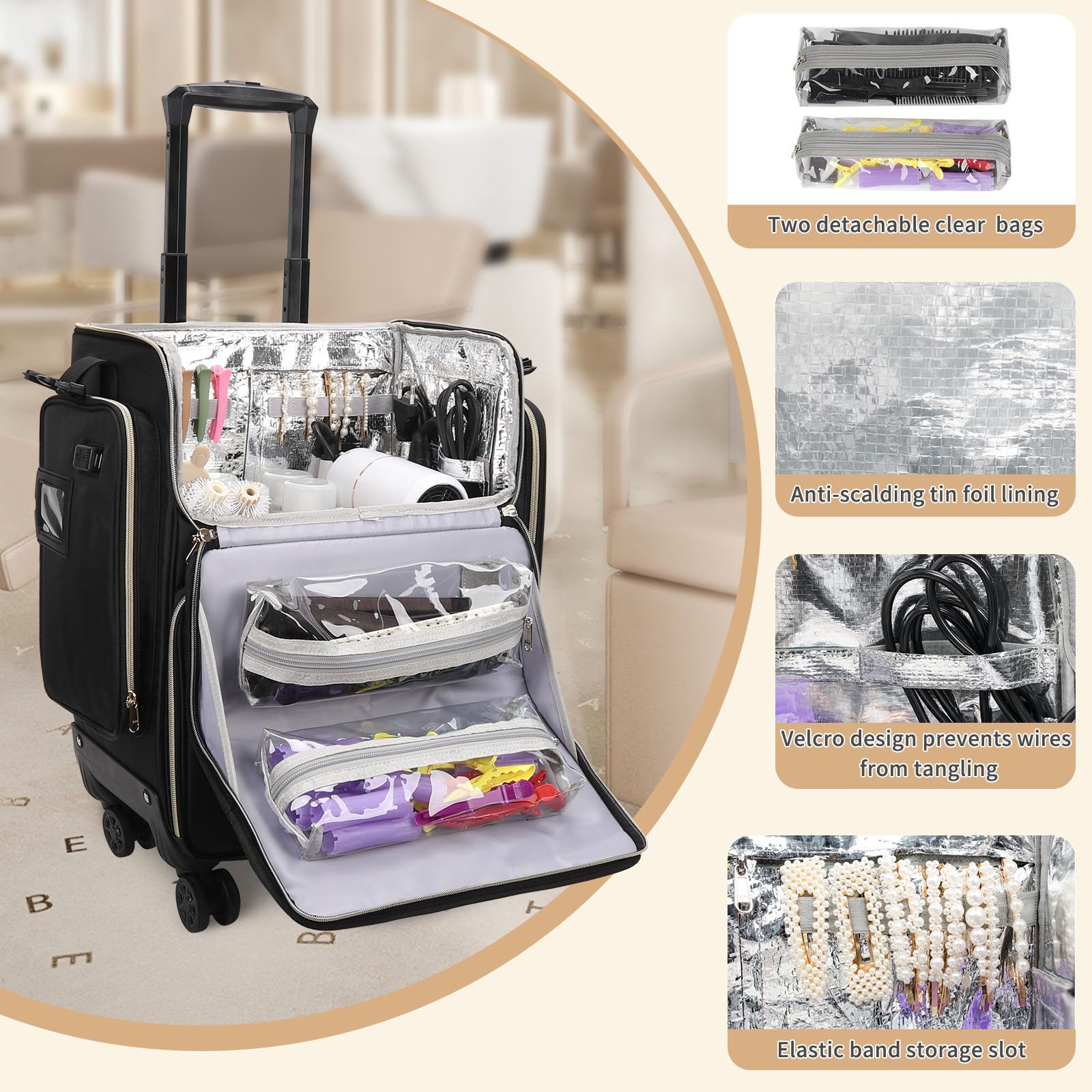 Large Makeup Train Case for Hairstylists & Hairdressers - Cosmetic Organizer with Detachable Pouch, Heat-Insulated & Anti-Scald Full Layer, Hairdressing Tool Storage Trolley with 4 360 Swivel Wheels
