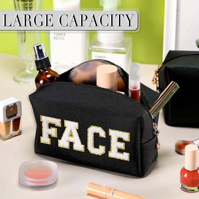 Sanwuta 9 Pcs Makeup Bags Bulk Bridesmaid Proposal Gifts Cosmetic Bags Preppy PU Leather Double Zipper Toiletry Pouch Portable Travel Organizer Case for Women Bachelorette Gift(Black)