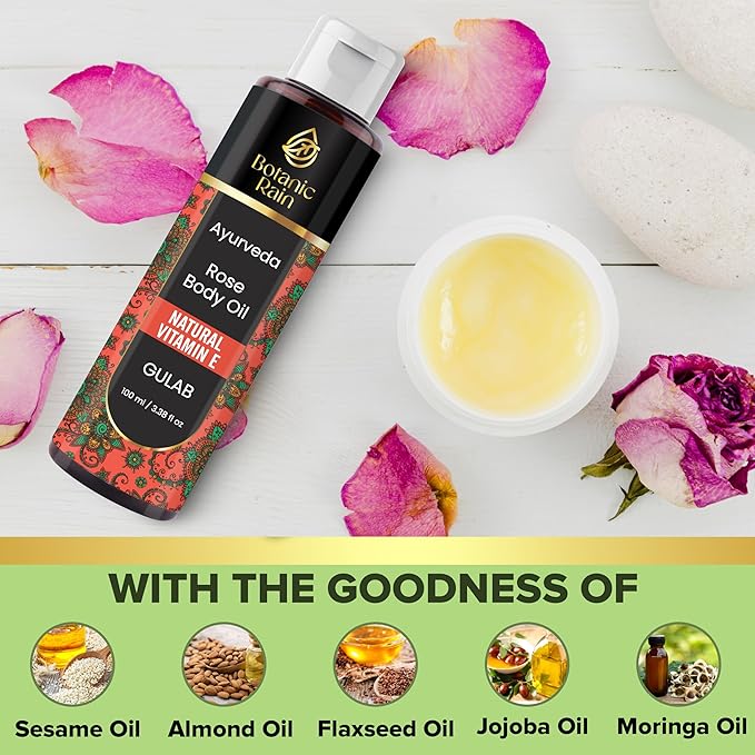 Rose Ayurveda Body Oil After Shower for Dry & Crepey Skin – Non Greasy Lightweight Moisturizer with Vitamin E, 3.38 Fl Oz – Botanic Rain