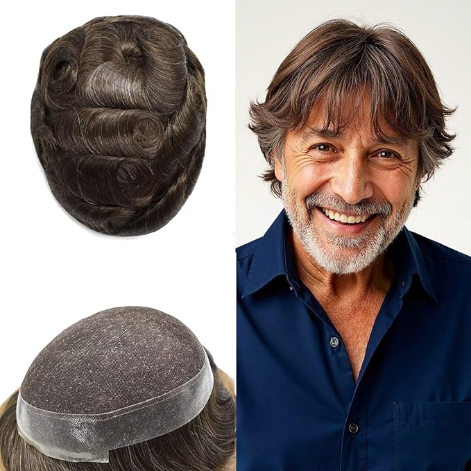 FACE MIRACLE Mens Toupee Lace Front Hairpieces Soft Human Hair Replacement System Toupee for Men French Lace Poly V-Looped Mens hair Units 6"X8" #320 3# DARK BROWN WITH 20% SYNTHETIC GREY