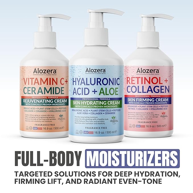 Alozera Hydrating Body Lotion with Hyaluronic Acid & Aloe Vera, Body Moisturizer Cream for Dry Skin, Refreshing Hydration, Lightweight & Fast Absorbing, No Added Fragrance, 16.9 Ounce