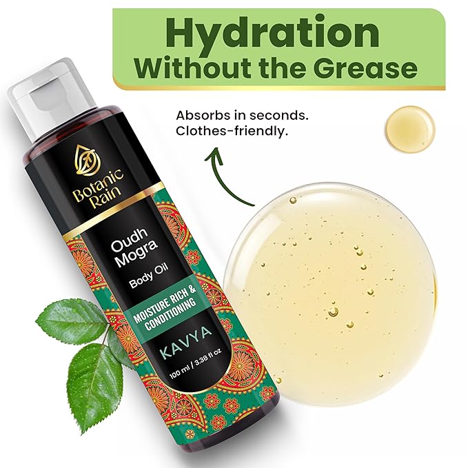 Botanic Rain Ayurveda Body Oil for Dry & Crepey Skin – Non-Greasy After Shower Lightweight Moisturizer with Oudh & Mogra, 3.38 fl oz (2, Mogra)