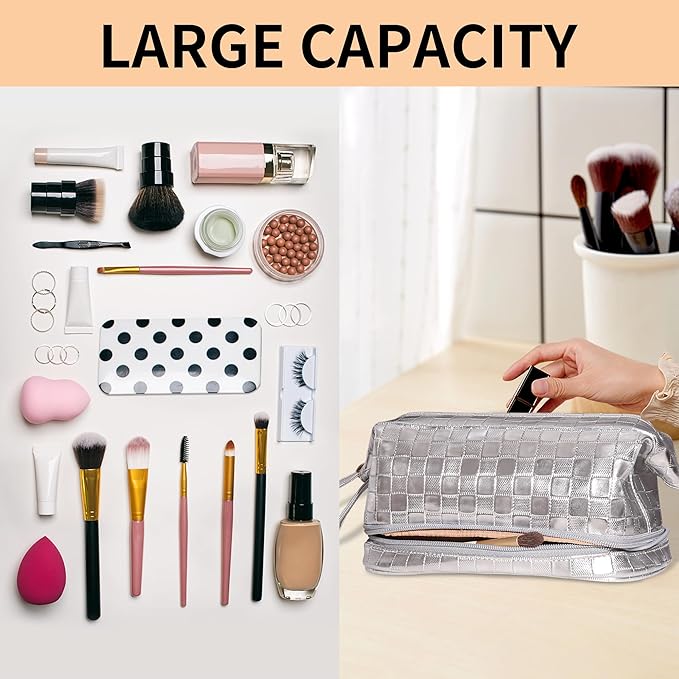 Abiudeng Large Makeup Bag for Women,Travel Makeup Organizer with Brush Holder, Dopp Kit,Waterproof Checkered Cosmetic Bag for Traveling,Multi-Compartment,Essentials,Cute,Spacious Capacity-silvery