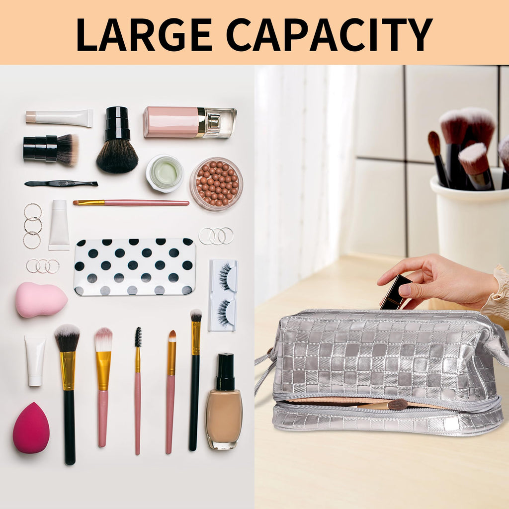 Abiudeng Large Makeup Bag for Women,Travel Makeup Organizer with Brush Holder, Dopp Kit,Waterproof Checkered Cosmetic Bag for Traveling,Multi-Compartment,Essentials,Cute,Spacious Capacity-silvery
