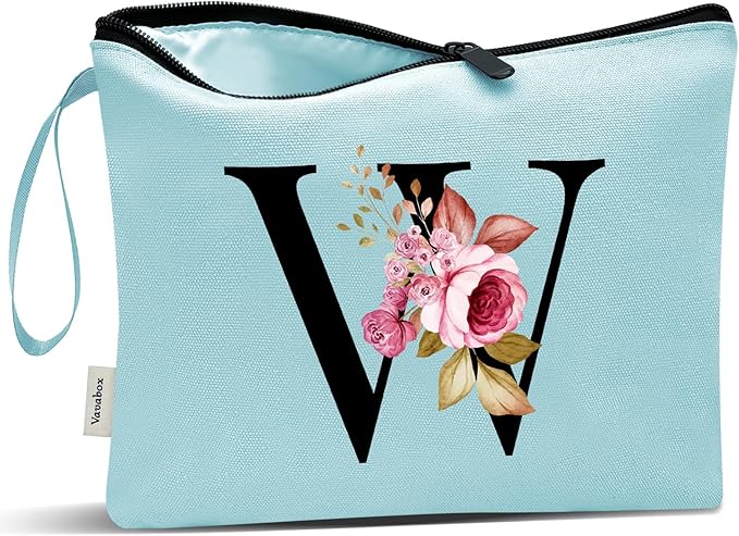 Vavabox A-Z Personalized Makeup Bag, Birthday Gifts for Women Mom, Gifts for Best Friend, Bride Bridesmaid Cosmetic bag (W, Aqua)