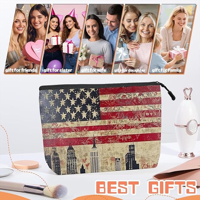 Scribesense Cosmetic Bags Travel Makeup Toilet Case Waterproof Pouch for Women Girls 6.7X9.45inches - American Flag And Urban Skyline Fusion