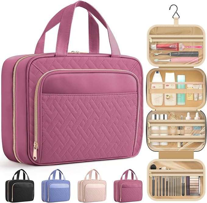 HOTOR Hanging Travel Toiletry Bag Women Men, Rosewood-Pink, Medium