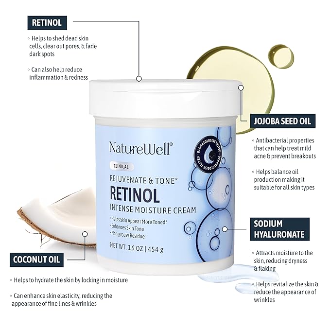 NATURE WELL Clinical Retinol Rejuvenate & Tone Moisture Cream for Face & Body, Anti-Aging Firming Cream for Wrinkles, Fine Lines & Crepey Skin, Body Lotion & Facial Moisturizer, 2 Pack (10 Oz Each)