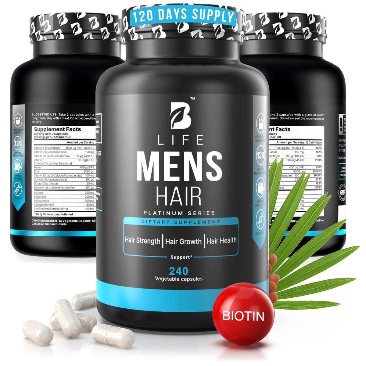 Men’s Hair Growth Supplement – Biotin & Collagen Hair Vitamins for Men – Thicker, Fuller Hair, Nail & Scalp Support – Hair Loss Supplement with Zinc, Selenium & Vitamins A C D E – 60 Capsules