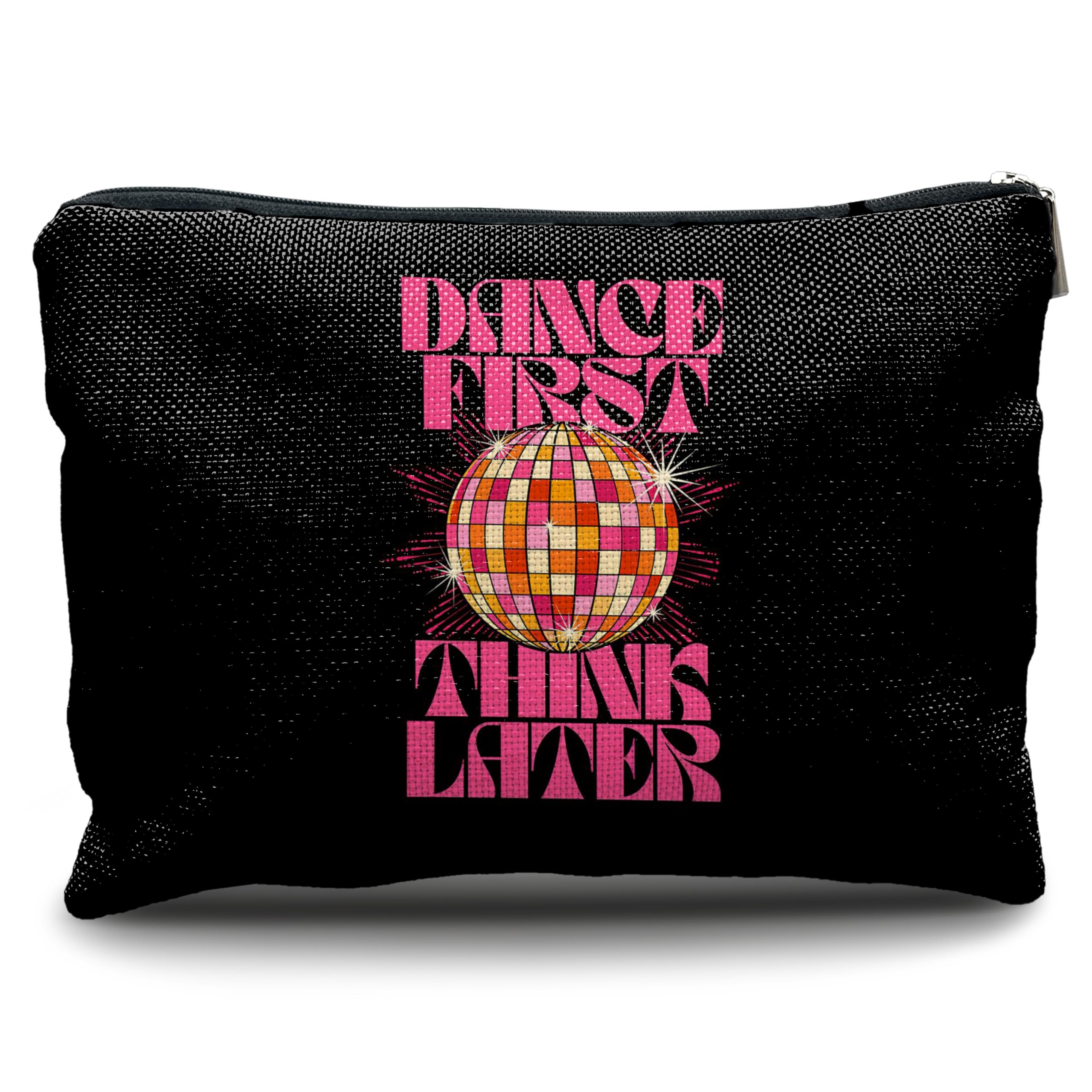 Nogrit Dancer Makeup Bag,Dance First Think Later Trendy Hot Pink Disco Ball Inspirational Makeup Travel Toiletry Bag,Dancing Gifts for Women,Gifts for Dance Lovers