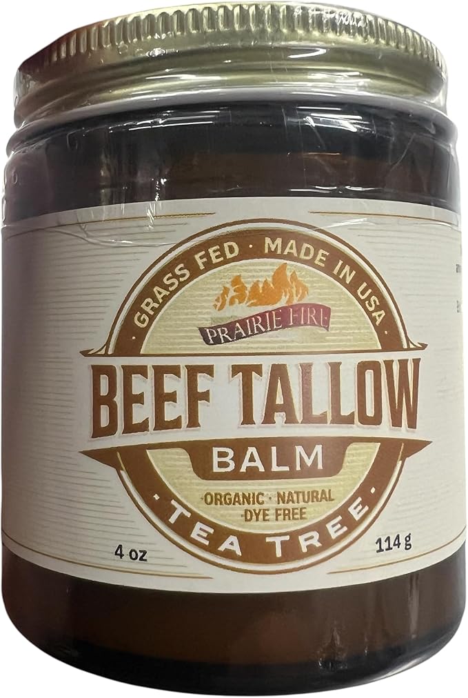 Prairie Fire Candles Grass Fed Beef Tallow Balm Grown and Made in USA - Organic Grass Fed and Finished Tallow - Moisturizing Skin Care Tea Tree 4 oz