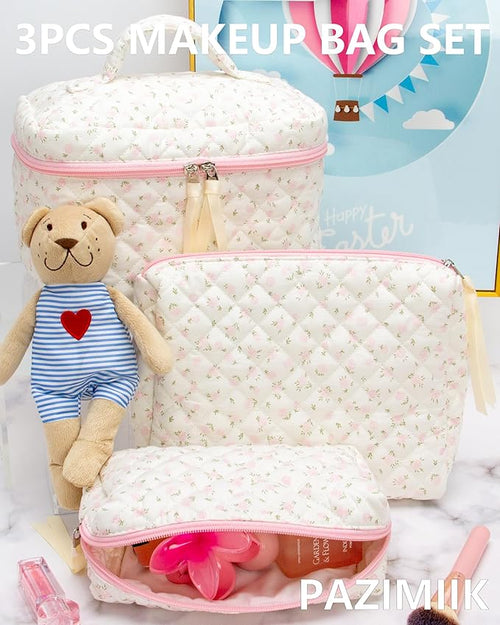 3 Piece Quilted Makeup Bag Set for Women,Cosmetic&Toiletry Bag,Flower Pink
