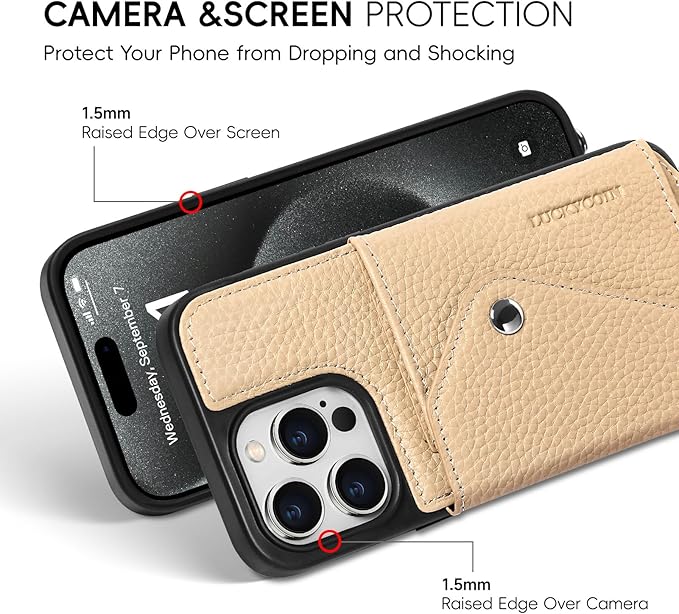 LUCKYCOIN Crossbody Phone Case for iPhone 15 Pro Max,100% Genuine Leather Phone Wallet Case for Women, Premium Hands-Free Phone Purse with Expandable Flip Card Holder & Adjustable Strap - Pebble Beige