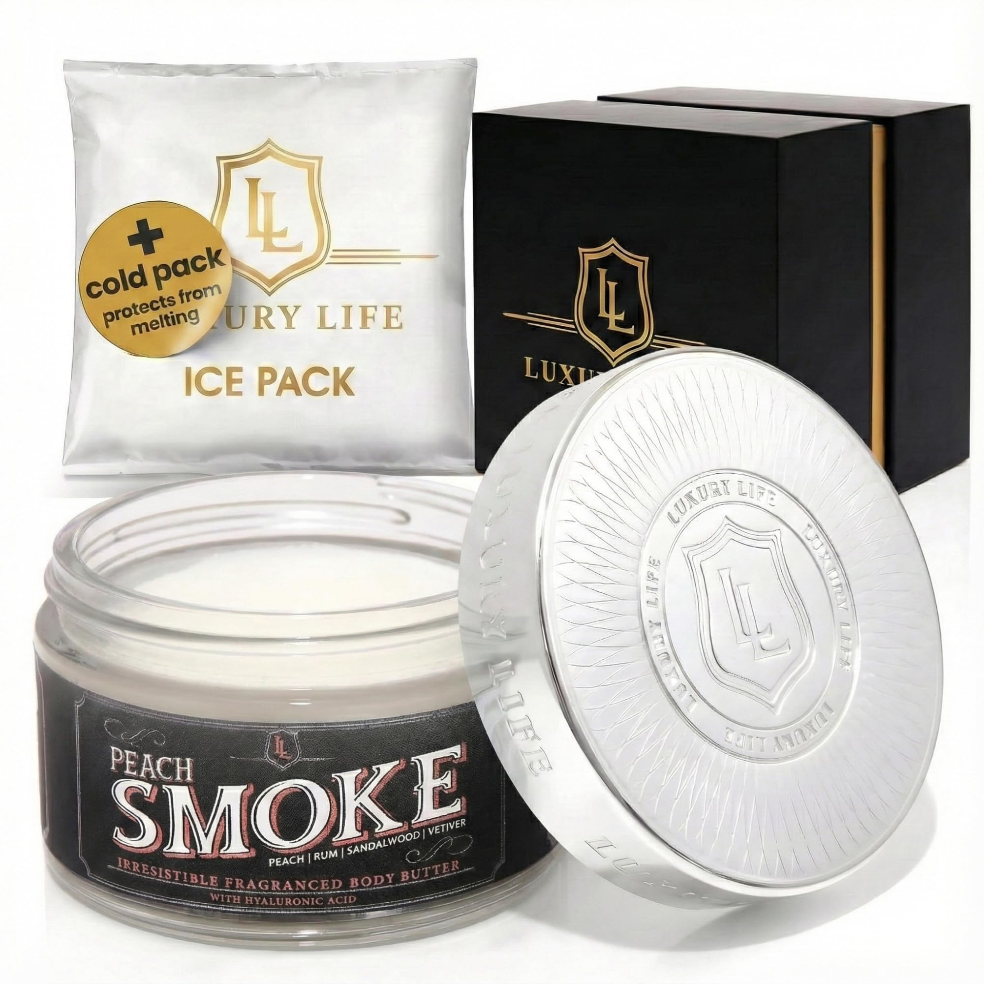 LUXURY LIFE BUTTER - 40% Extrait de Parfum Fragranced Body Butter with Hyaluronic Acid for Ultimate Moisture - Luxurious Room-Filling Natural Fragrances - Non-Greasy, USA Made, Peach Smoke, 5 oz