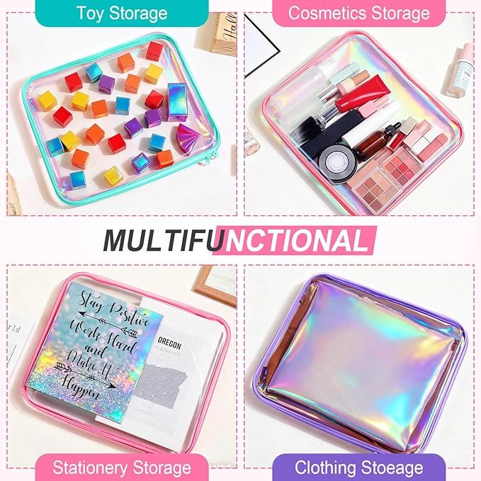 Hoolerry 3 Pcs Clear Hard Zipper Case Hard Plastic Zipper Pouch Makeup Bag Portable Travel Organizer for Cosmetics, Office Supplies, Documents & Toiletries(Laser,L)