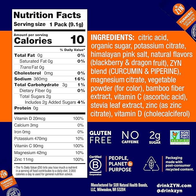 ZYN Electrolyte Packets for Hydration, BlackBerry Dragon Fruit, 16 Count
