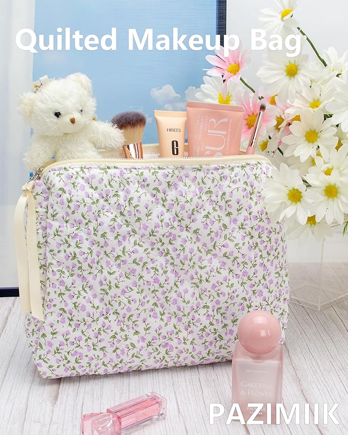Quilted Makeup Pouch for Women, Travel Cosmetic&Toiletry Bag,Floral Purple