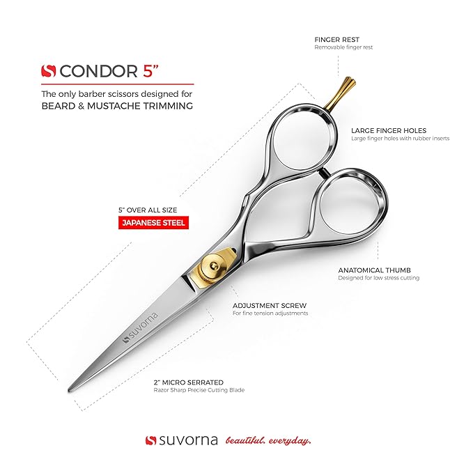 Suvorna Beard Scissors & Mustache Scissors for Men | 5" Small Scissors for Grooming, Trimming, Cutting & Shaping Facial Hair | Japanese Steel Precision Grooming Scissors for Barbers, Home & Salon Use.