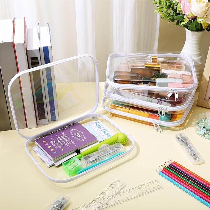 Hoolerry 4 Pcs Hard Clear Zipper Case Makeup Bags Plastic Zipper Pouch Transparent Storage Box Containers for Cosmetics, Snacks, Building Blocks, Puzzles(Clear,9.8 x 7.9 x 2 in,White)